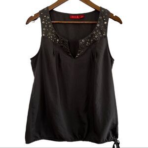 Elle Embellished Tank Top Hunter Green Beaded Neckline Tie Waist Women's Medium